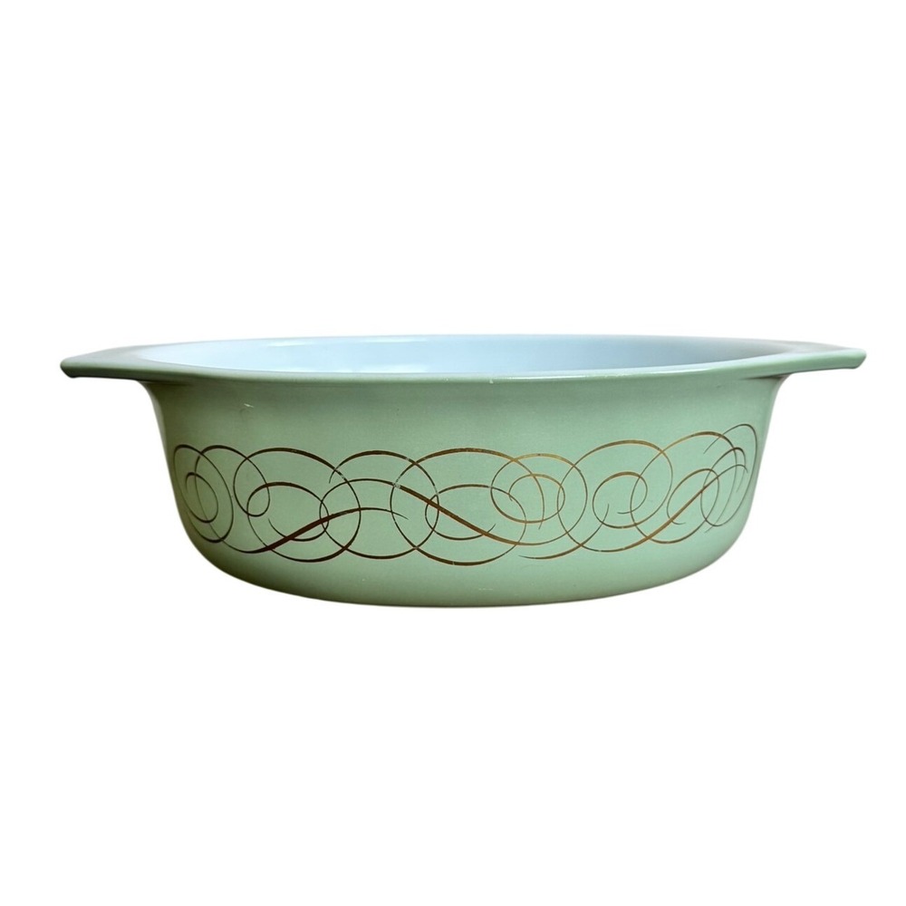 Pyrex 043 Golden Scroll 1.5 Qt Oval Casserole Dish Sage Green Vintage USA